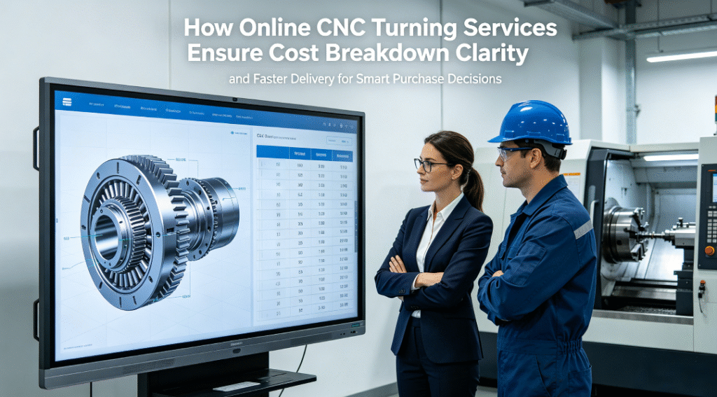A hyper-realistic photo of a procurement manager and an engineer collaboratively reviewing a 3D CAD model alongside a detailed cost breakdown on a large touchscreen in a modern CNC turning workshop, with the article title overlaid.