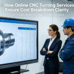 A hyper-realistic photo of a procurement manager and an engineer collaboratively reviewing a 3D CAD model alongside a detailed cost breakdown on a large touchscreen in a modern CNC turning workshop, with the article title overlaid.