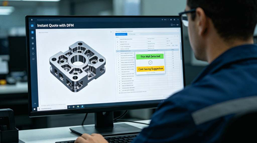 A realistic screenshot of an online CNC quoting platform, showing a 3D part model on the left and a detailed DFM analysis report highlighting "Thin Wall Detected" and "Cost Saving Suggestion" on the right.